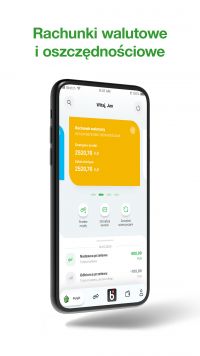 na jasnym tle smartfon, u góry zielony napis rachunki oszczędnościowe i walutowe
