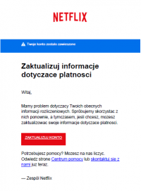 czerwony napis netflix i przykład fałszywej informacji o aktualizacji płatności