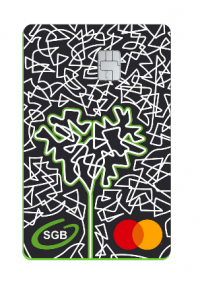 karta bankomatowa , na czarnym tle białe szlaczki, w lewym rogu zielone półkole z napisem SGB znajdującym się wewnątrz...