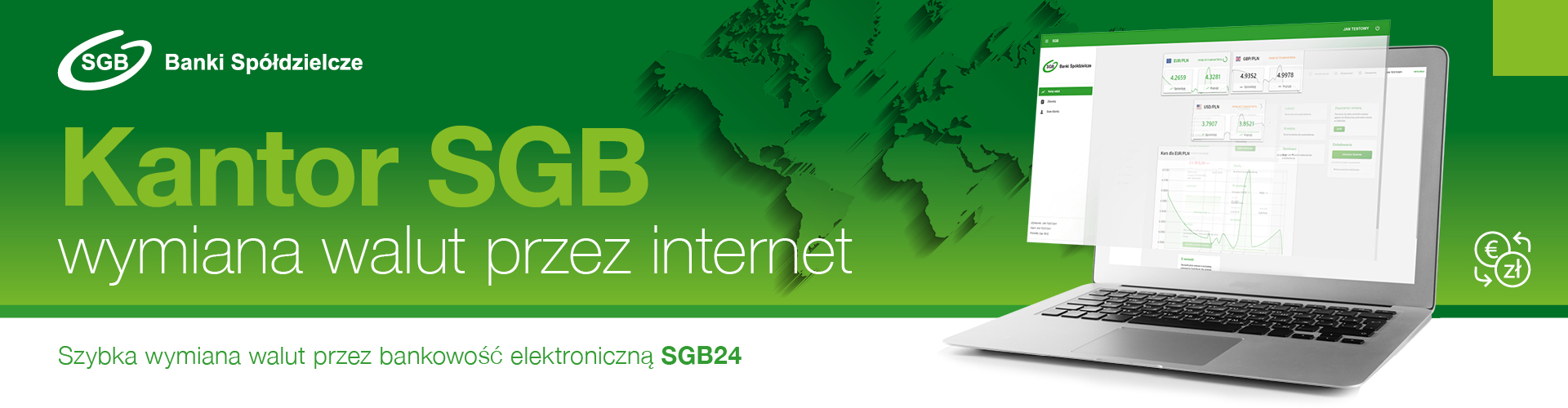 Kantor SGB wymiana walut przez internet. Laptop na tle mapy świata