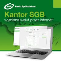 na zielonym tle widać jasnozielony napis kantor SGB oraz biały mniejszy napis wymiana walut przez internet, pod napisami...