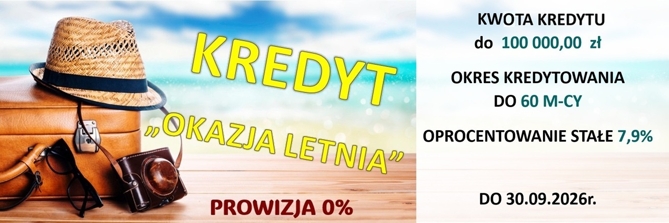 walizka aparat okulary na drewnianym blacie w tle niebo i może napis: kredyt okazja letnia prowizja 0% KWOTA KREDYTU - DO...