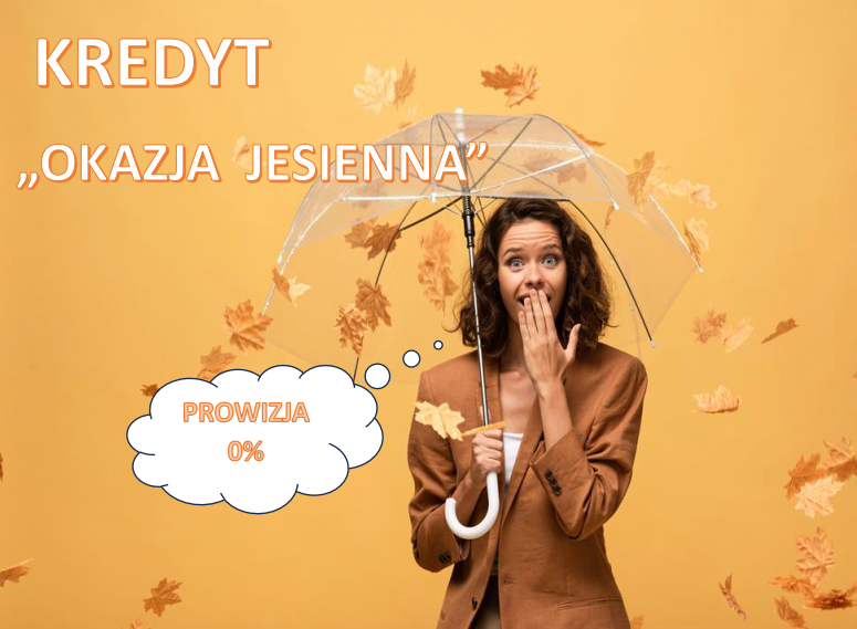 na żółtym tle napis kredyt okazja jesienna prowizja zero procent obok kobieta w brązowej marynarce pokazująca zdziwienie