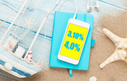 morskie atrybuty takie jak żaglówka, rozgwiazda i piasek morski, na środku turkusowy notatnik, na nim smartfon; na jego żółtym ekranie turkusowy napis trzy przecinek jeden procent